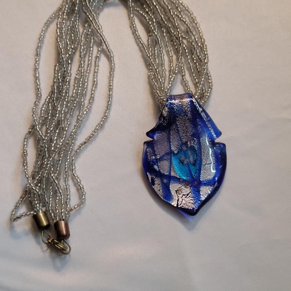 Vintage Six Strand Beaded Blue and Silver Glass Pendant Necklace - Picture 2 of 9